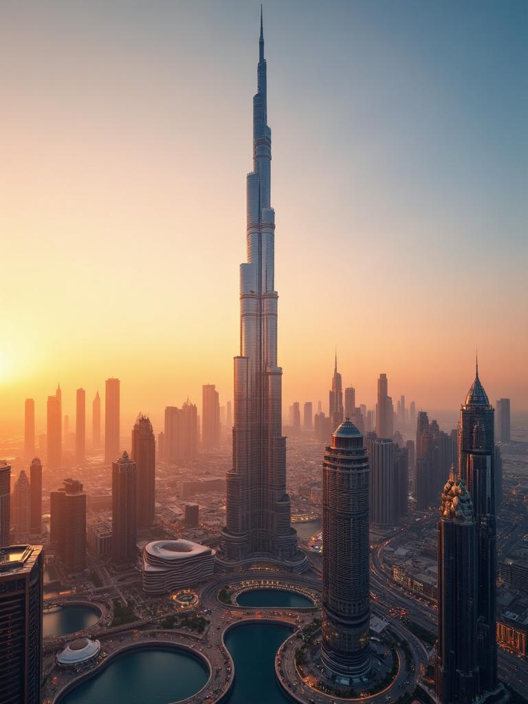 Dubai Skyline at golden hour featuring Burj Khalifa
